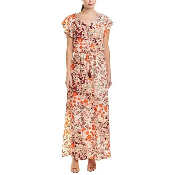 NEW ADRIANNA PAPELL floral flutter sleeve maxi dress in geranium multi - Picture 1 of 2
